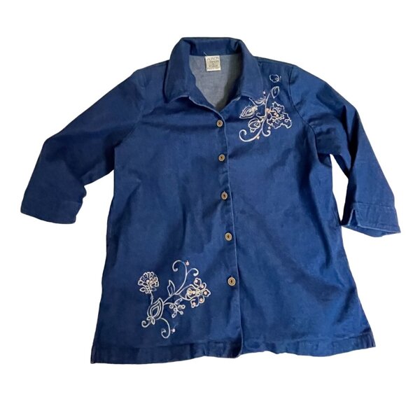 Alison Daley Womens Denim Shirt Size 14 Floral Embroidered Button Up 3/4 Sleeve - Picture 7 of 7